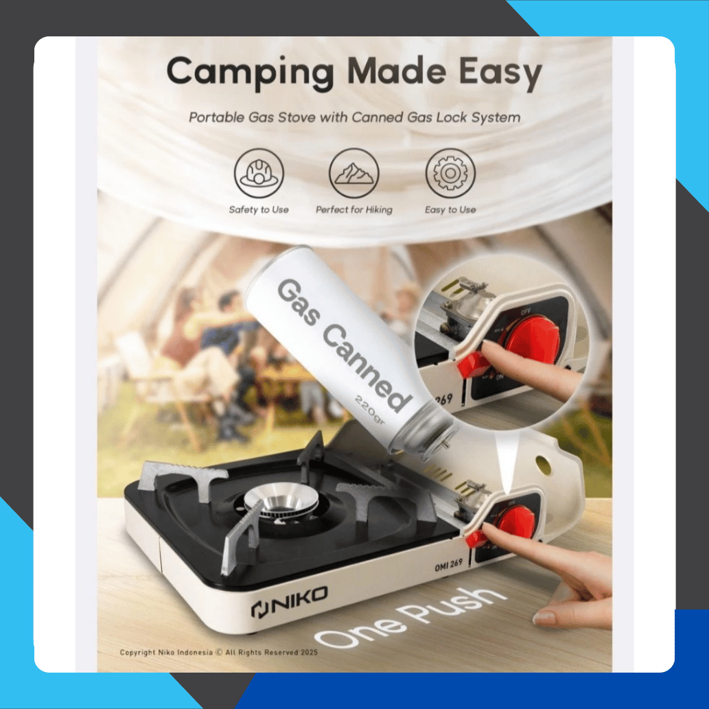 kompor gas portable niko omi 269 hitam & putih single burner camping ringan praktis kompor gas portable niko omi 269 hitam & putih single burner camping ringan praktis